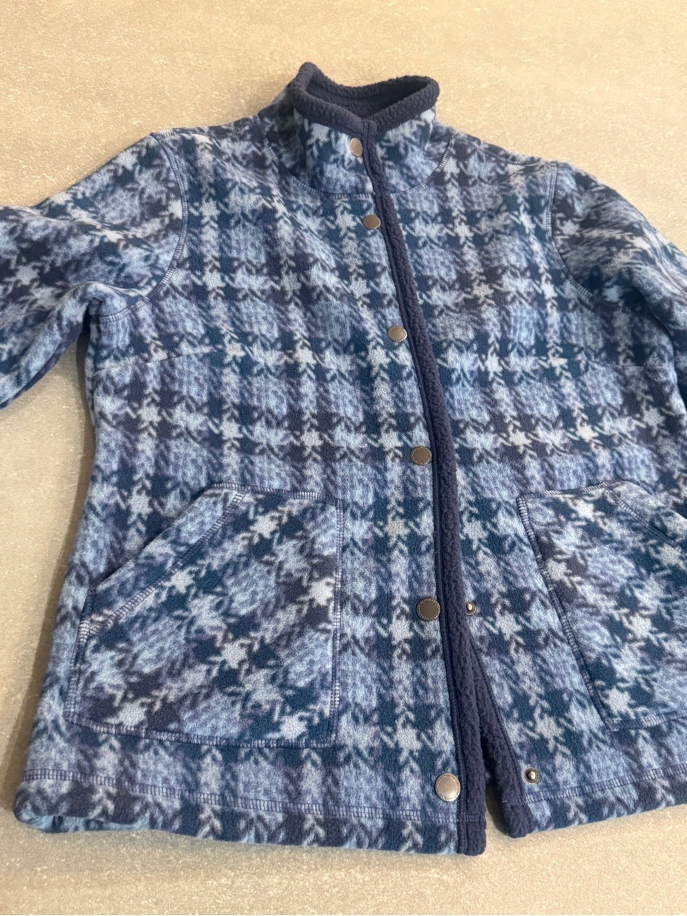 Isaac Mizrahi Blue Plaid Teddy Jacket with Navy Trim
